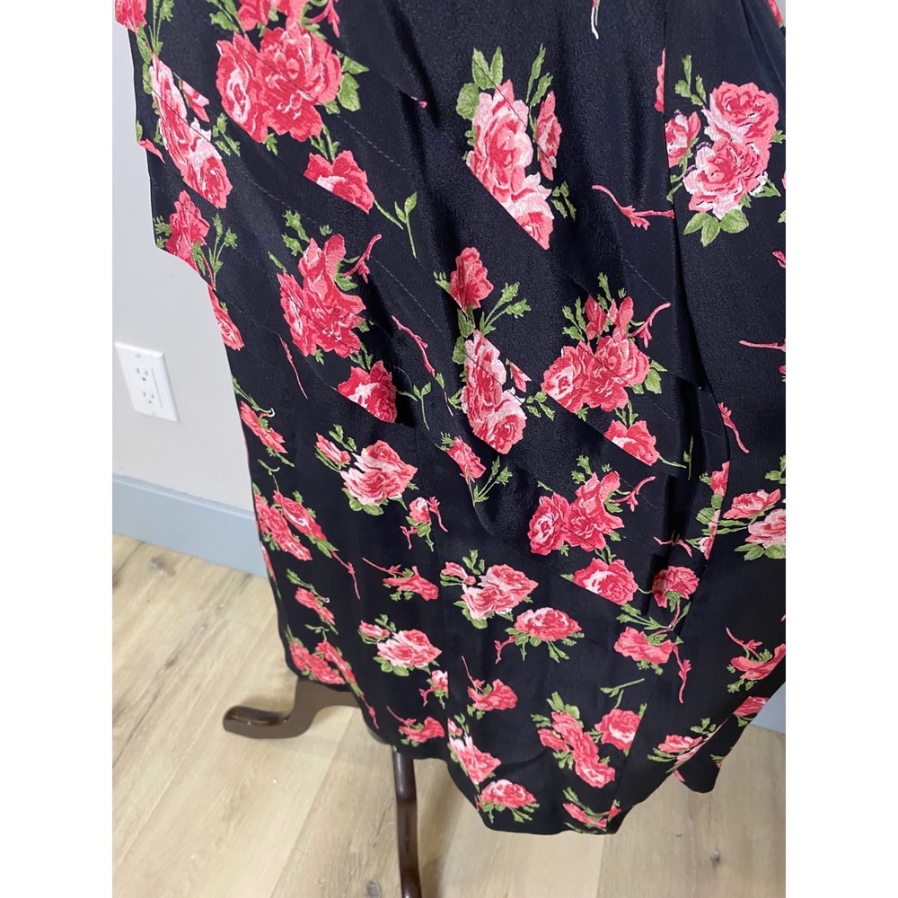 Vintage 80s 90s Floral Rose Mock Neck Midi Dress Black Red Tiered Hip Detail - Picture 10 of 12